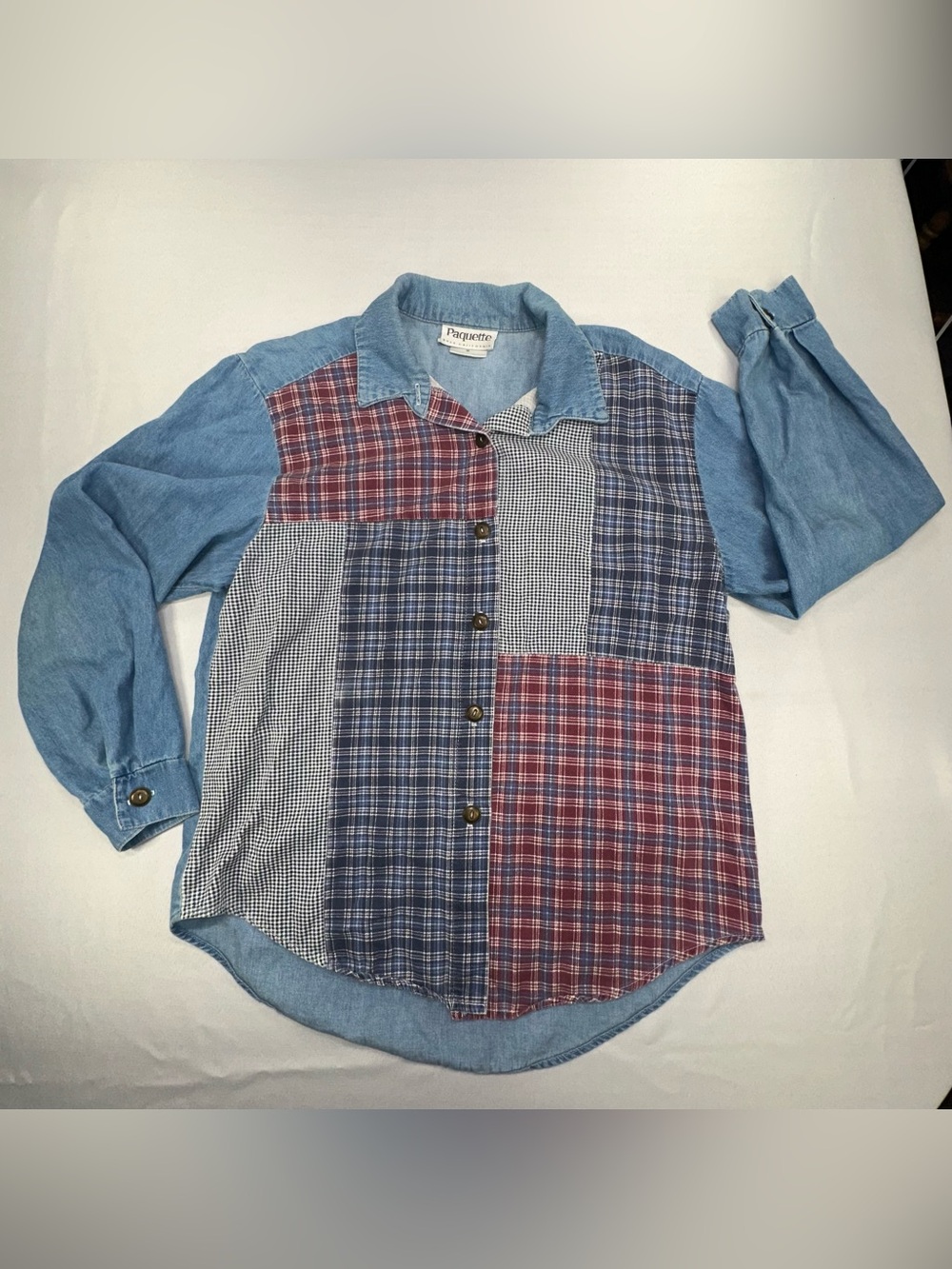 Vintage 100% Cotton Patchwork Button Up | Lightweight 4th of July Chambray M - Picture 5 of 12